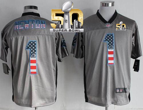 Nike Panthers #1 Cam Newton Grey Super Bowl 50 Men's Stitched NFL Elite USA Flag Fashion Jersey - Click Image to Close